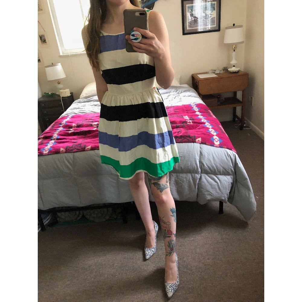 F21 Green Colorblocked Swing Skater Dress